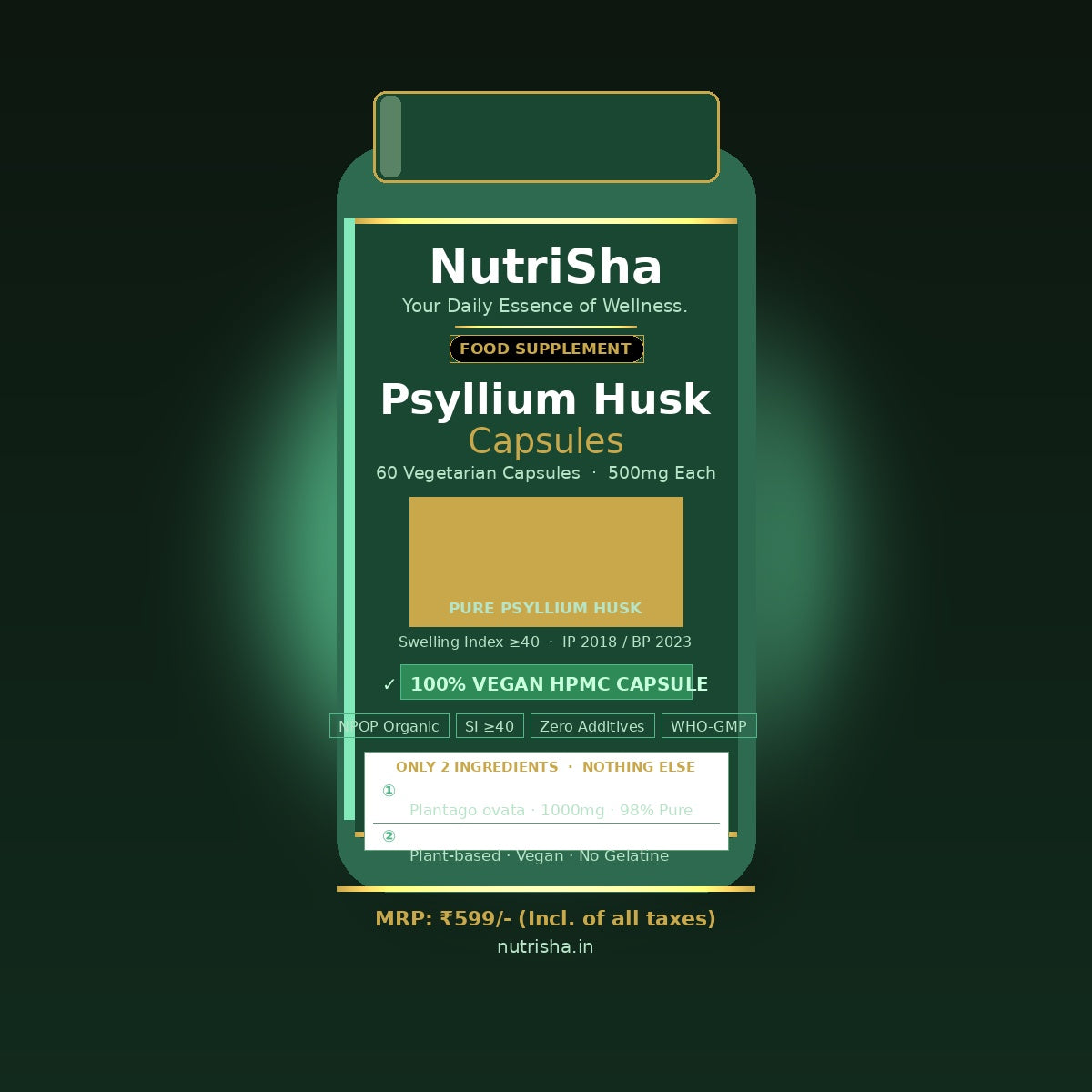 NutriSha Organic Psyllium Husk Capsules | 98% Pure | 60 Veg Caps | 500mg | Swelling Index ≥40 | Zero Additives | HPMC | FSSAI Certified