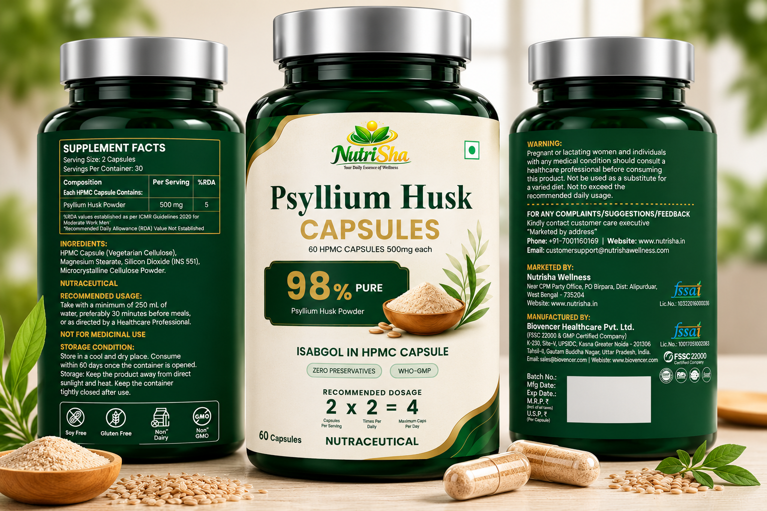 NutriSha Psyllium Husk Capsules (60 Veg Capsules)